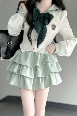 Navy Collar JK Uniform Cake Skirt with Long Sleeve Top, College Style Japanese Sailor Suit, Slimming Outfit for Women