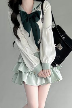 Navy Collar JK Uniform Cake Skirt with Long Sleeve Top, College Style Japanese Sailor Suit, Slimming Outfit for Women
