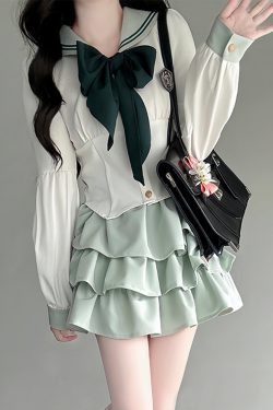 Navy Collar JK Uniform Cake Skirt with Long Sleeve Top, College Style Japanese Sailor Suit, Slimming Outfit for Women