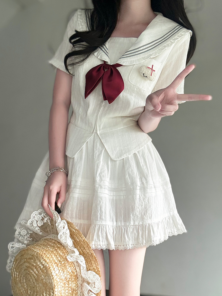 Navy Collar Korean-style Pudding Bear JK Uniform Sweet Summer Sailor Suit Set 2025, French Fashion Inspired Navy Collar Korean-style Pudding Bear JK Uniform Sweet Summer Sailor Suit Set 2025, French Fashion Inspired