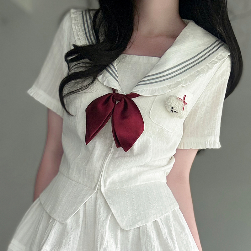 Navy Collar Korean-style Pudding Bear JK Uniform Sweet Summer Sailor Suit Set 2025, French Fashion Inspired Navy Collar Korean-style Pudding Bear JK Uniform Sweet Summer Sailor Suit Set 2025, French Fashion Inspired
