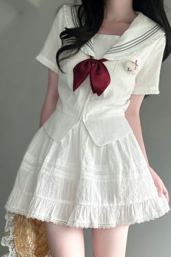 Navy Collar Korean-style Pudding Bear JK Uniform Sweet Summer Sailor Suit Set 2025, French Fashion Inspired