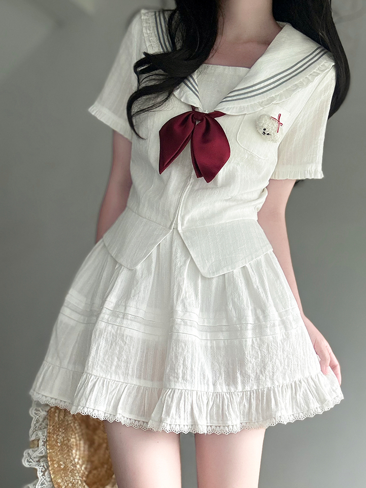 Navy Collar Korean-style Pudding Bear JK Uniform Sweet Summer Sailor Suit Set 2025, French Fashion Inspired Navy Collar Korean-style Pudding Bear JK Uniform Sweet Summer Sailor Suit Set 2025, French Fashion Inspired
