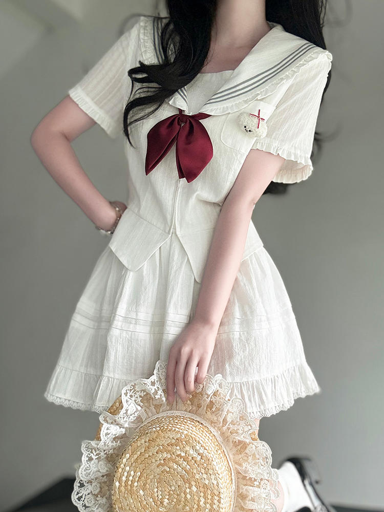 Navy Collar Korean-style Pudding Bear JK Uniform Sweet Summer Sailor Suit Set 2025, French Fashion Inspired Navy Collar Korean-style Pudding Bear JK Uniform Sweet Summer Sailor Suit Set 2025, French Fashion Inspired