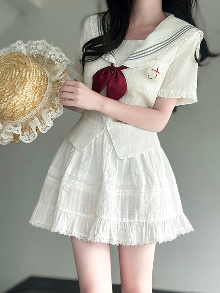 Navy Collar Korean-style Pudding Bear JK Uniform Sweet Summer Sailor Suit Set 2025, French Fashion Inspired Navy Collar Korean-style Pudding Bear JK Uniform Sweet Summer Sailor Suit Set 2025, French Fashion Inspired