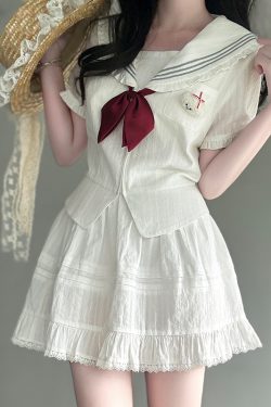 Navy Collar Korean-style Pudding Bear JK Uniform Sweet Summer Sailor Suit Set 2025, French Fashion Inspired