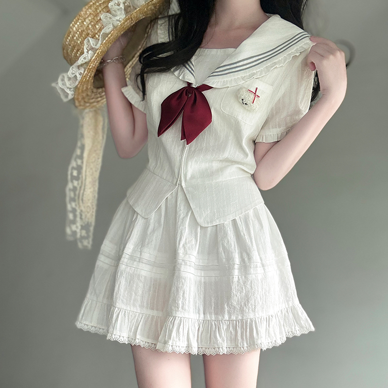 Navy Collar Korean-style Pudding Bear JK Uniform Sweet Summer Sailor Suit Set 2025, French Fashion Inspired Navy Collar Korean-style Pudding Bear JK Uniform Sweet Summer Sailor Suit Set 2025, French Fashion Inspired