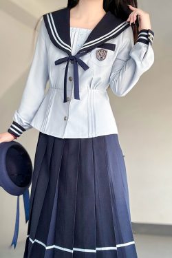 Navy Collar Long Sleeve Top and Blue Long Skirt Set - Pudding Bear JK Style, School Supply Fashion, Y2K Academy Chic