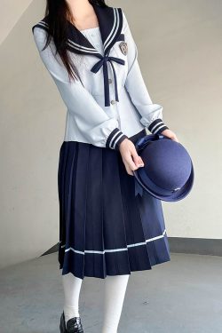 Navy Collar Long Sleeve Top and Blue Long Skirt Set - Pudding Bear JK Style, School Supply Fashion, Y2K Academy Chic