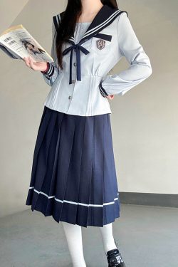 Navy Collar Long Sleeve Top and Blue Long Skirt Set - Pudding Bear JK Style, School Supply Fashion, Y2K Academy Chic