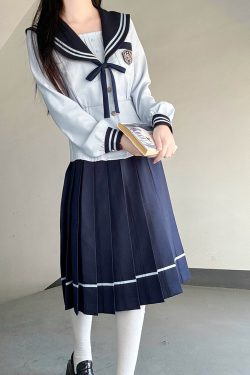 Navy Collar Long Sleeve Top and Blue Long Skirt Set - Pudding Bear JK Style, School Supply Fashion, Y2K Academy Chic