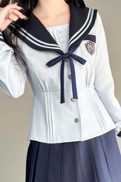 Navy Collar Long Sleeve Top and Blue Long Skirt Set - Pudding Bear JK Style, School Supply Fashion, Y2K Academy Chic