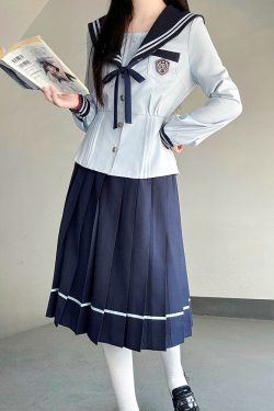 Navy Collar Long Sleeve Top and Blue Long Skirt Set - Pudding Bear JK Style, School Supply Fashion, Y2K Academy Chic