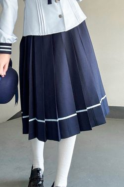 Navy Collar Long Sleeve Top and Blue Long Skirt Set - Pudding Bear JK Style, School Supply Fashion, Y2K Academy Chic