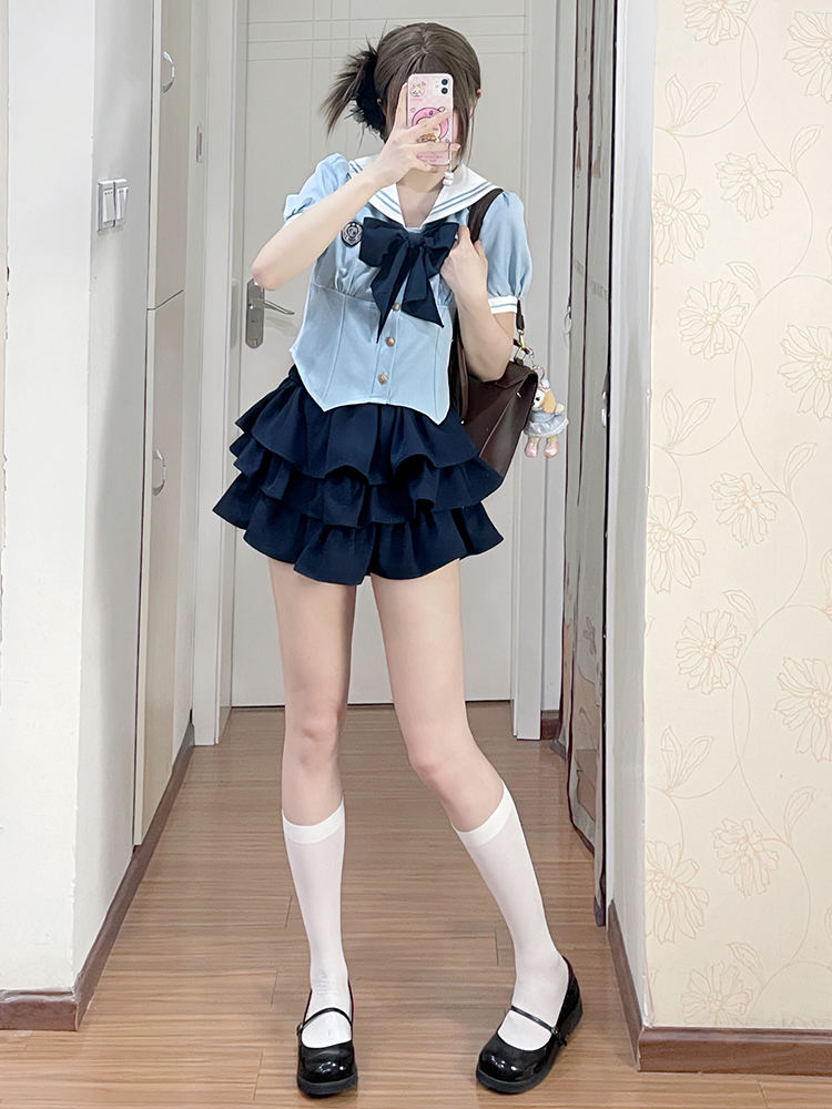 Navy Collar Pudding Bear JK Uniform Sailor Suit Set with Cake Skirt - Slimming College Style Outfit for 90s and Y2K Fashion Lovers Navy Collar Pudding Bear JK Uniform Sailor Suit Set with Cake Skirt - Slimming College Style Outfit for 90s and Y2K Fashion Lovers