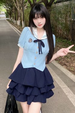 Navy Collar Pudding Bear JK Uniform Sailor Suit Set with Cake Skirt - Slimming College Style Outfit for 90s and Y2K Fashion Lovers
