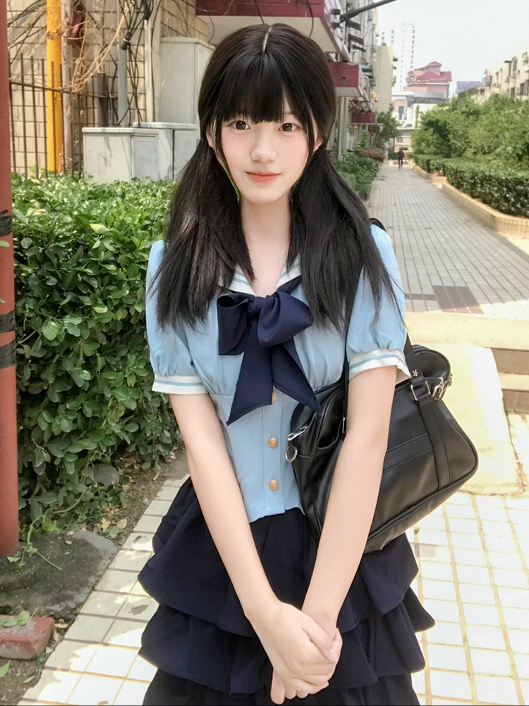 Navy Collar Pudding Bear JK Uniform Sailor Suit Set with Cake Skirt - Slimming College Style Outfit for 90s and Y2K Fashion Lovers Navy Collar Pudding Bear JK Uniform Sailor Suit Set with Cake Skirt - Slimming College Style Outfit for 90s and Y2K Fashion Lovers