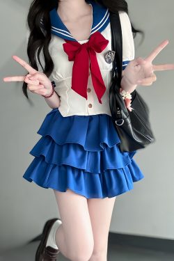 Navy Collar Pudding Bear JK Uniform Women's Summer Sweet College Style Short Sleeve Sailor Suit with Waist-Collecting Cake Skirt