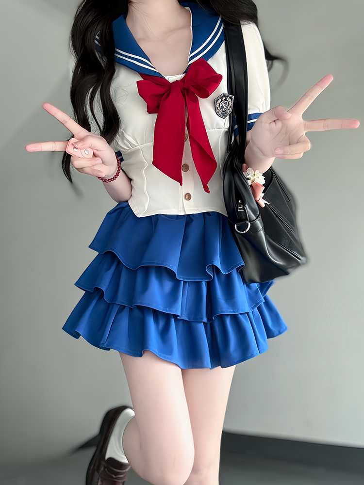 Navy Collar Pudding Bear JK Uniform Women's Summer Sweet College Style Short Sleeve Sailor Suit with Waist-Collecting Cake Skirt Navy Collar Pudding Bear JK Uniform Women's Summer Sweet College Style Short Sleeve Sailor Suit with Waist-Collecting Cake Skirt