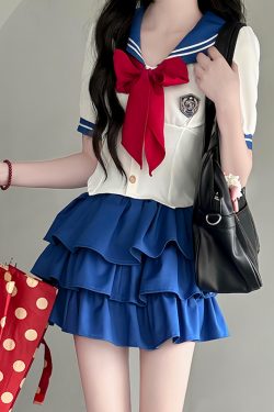 Navy Collar Pudding Bear JK Uniform Women's Summer Sweet College Style Short Sleeve Sailor Suit with Waist-Collecting Cake Skirt