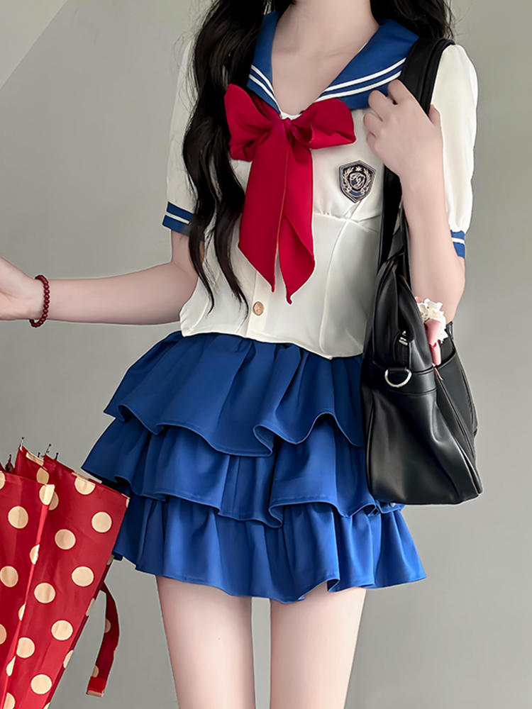 Navy Collar Pudding Bear JK Uniform Women's Summer Sweet College Style Short Sleeve Sailor Suit with Waist-Collecting Cake Skirt Navy Collar Pudding Bear JK Uniform Women's Summer Sweet College Style Short Sleeve Sailor Suit with Waist-Collecting Cake Skirt