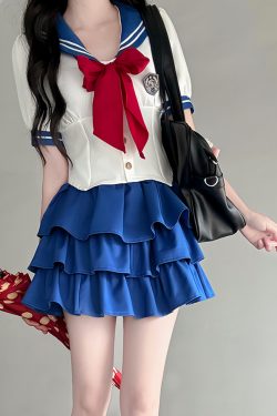 Navy Collar Pudding Bear JK Uniform Women's Summer Sweet College Style Short Sleeve Sailor Suit with Waist-Collecting Cake Skirt