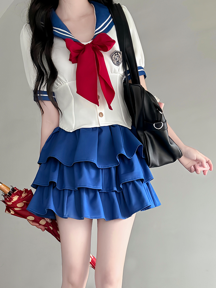 Navy Collar Pudding Bear JK Uniform Women's Summer Sweet College Style Short Sleeve Sailor Suit with Waist-Collecting Cake Skirt Navy Collar Pudding Bear JK Uniform Women's Summer Sweet College Style Short Sleeve Sailor Suit with Waist-Collecting Cake Skirt