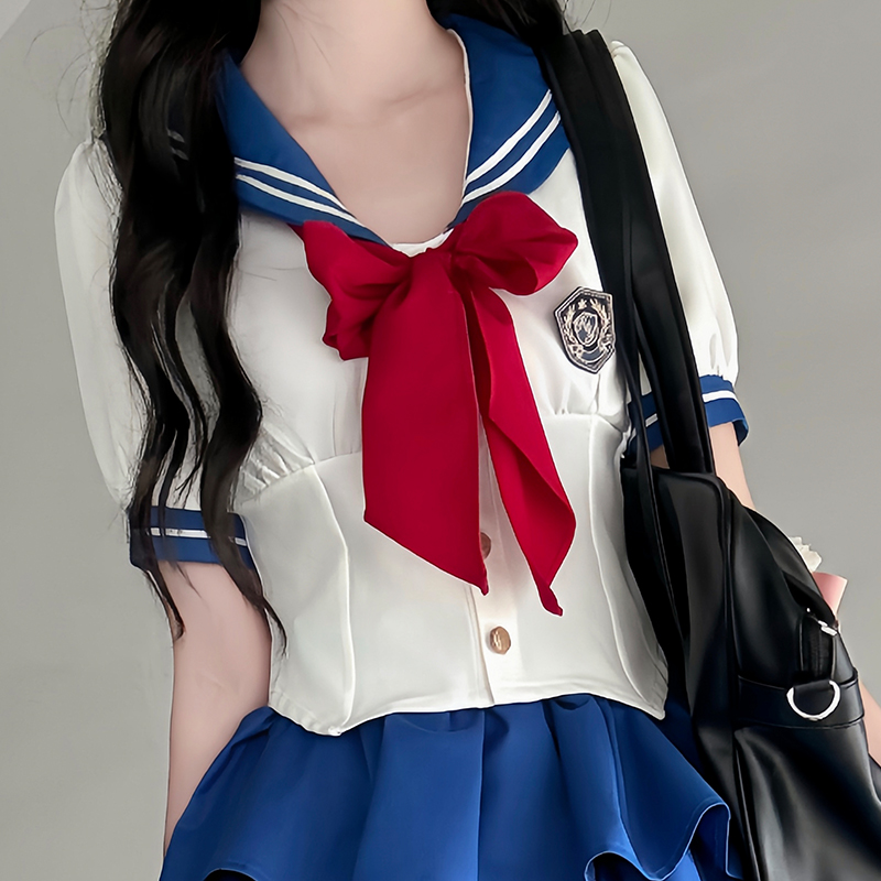 Navy Collar Pudding Bear JK Uniform Women's Summer Sweet College Style Short Sleeve Sailor Suit with Waist-Collecting Cake Skirt Navy Collar Pudding Bear JK Uniform Women's Summer Sweet College Style Short Sleeve Sailor Suit with Waist-Collecting Cake Skirt