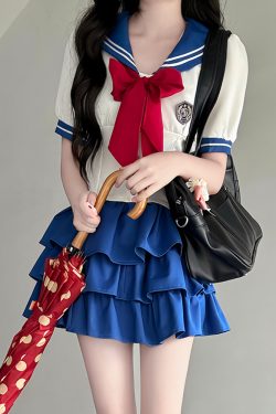 Navy Collar Pudding Bear JK Uniform Women's Summer Sweet College Style Short Sleeve Sailor Suit with Waist-Collecting Cake Skirt