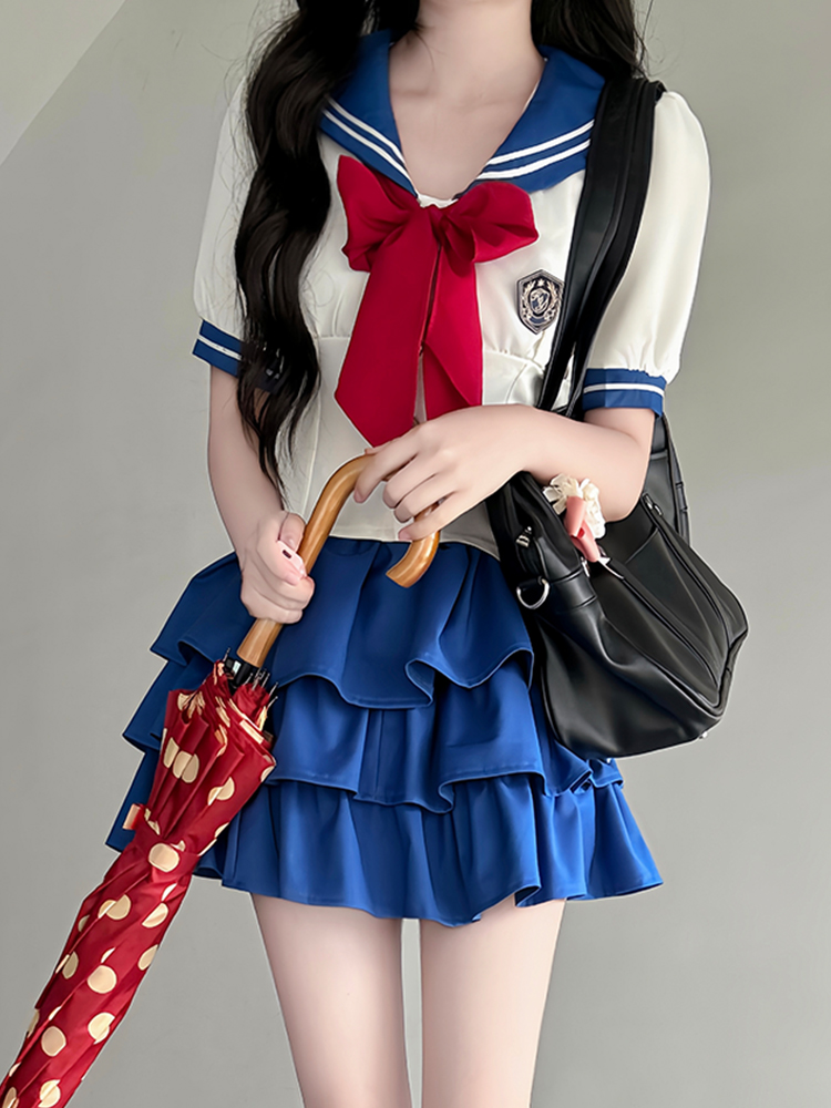 Navy Collar Pudding Bear JK Uniform Women's Summer Sweet College Style Short Sleeve Sailor Suit with Waist-Collecting Cake Skirt Navy Collar Pudding Bear JK Uniform Women's Summer Sweet College Style Short Sleeve Sailor Suit with Waist-Collecting Cake Skirt