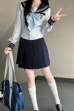 Navy Collar Sailor Suit Set - Japanese JK Uniform with Pudding Bear Design - Cute School Style Outfit for Y2K Fashion Lovers