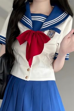 Navy Collar Sailor Suit Set - Japanese JK Uniform with Waist-Defined Short Sleeves - College Style Pudding Bear Design for Students