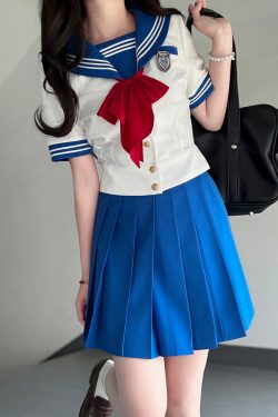 Navy Collar Sailor Suit Set - Japanese JK Uniform with Waist-Defined Short Sleeves - College Style Pudding Bear Design for Students