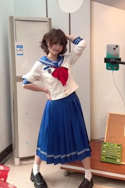 Navy Collar Sailor Suit Set - Japanese JK Uniform with Waist-Defined Short Sleeves - College Style Pudding Bear Design for Students