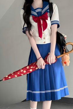 Navy Collar Sailor Suit Set - Japanese JK Uniform with Waist-Defined Short Sleeves - College Style Pudding Bear Design for Students