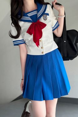 Navy Collar Sailor Suit Set - Japanese JK Uniform with Waist-Defined Short Sleeves - College Style Pudding Bear Design for Students