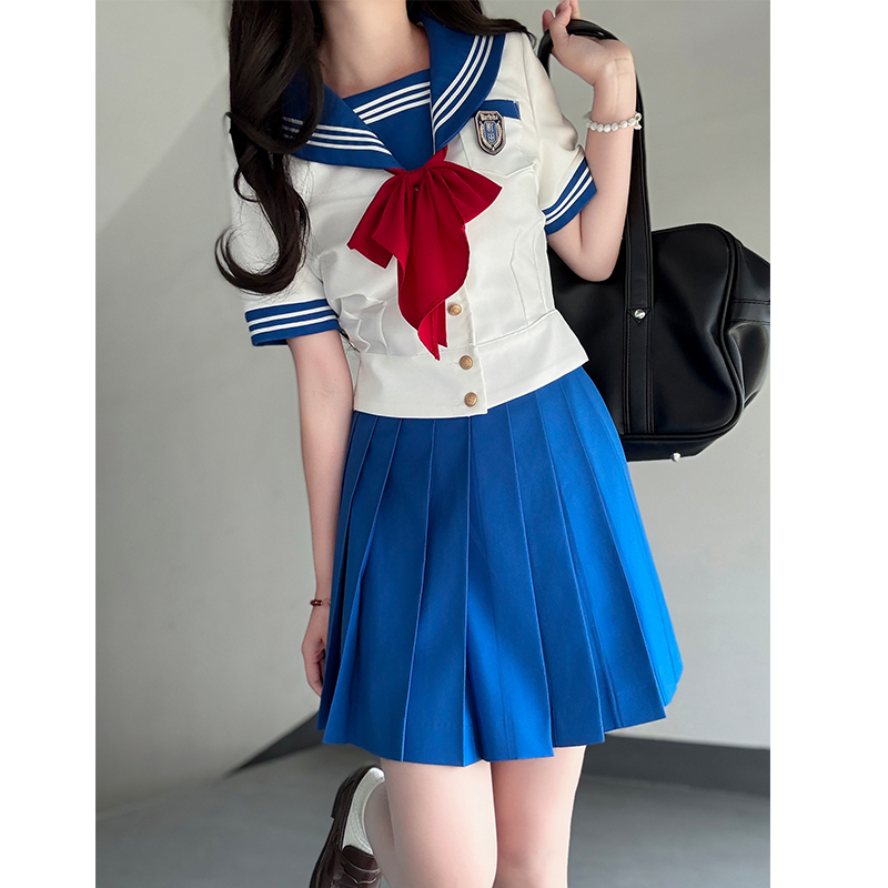 Navy Collar Sailor Suit Set - Japanese JK Uniform with Waist-Defined Short Sleeves - College Style Pudding Bear Design for Students Navy Collar Sailor Suit Set - Japanese JK Uniform with Waist-Defined Short Sleeves - College Style Pudding Bear Design for Students