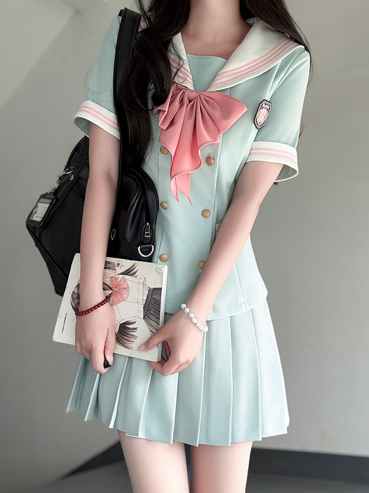 Navy Collar Waist-Defined Short Sleeve Sailor Suit Set - Sweet Style JK Uniform Top for Summer 2025 Navy Collar Waist-Defined Short Sleeve Sailor Suit Set - Sweet Style JK Uniform Top for Summer 2025