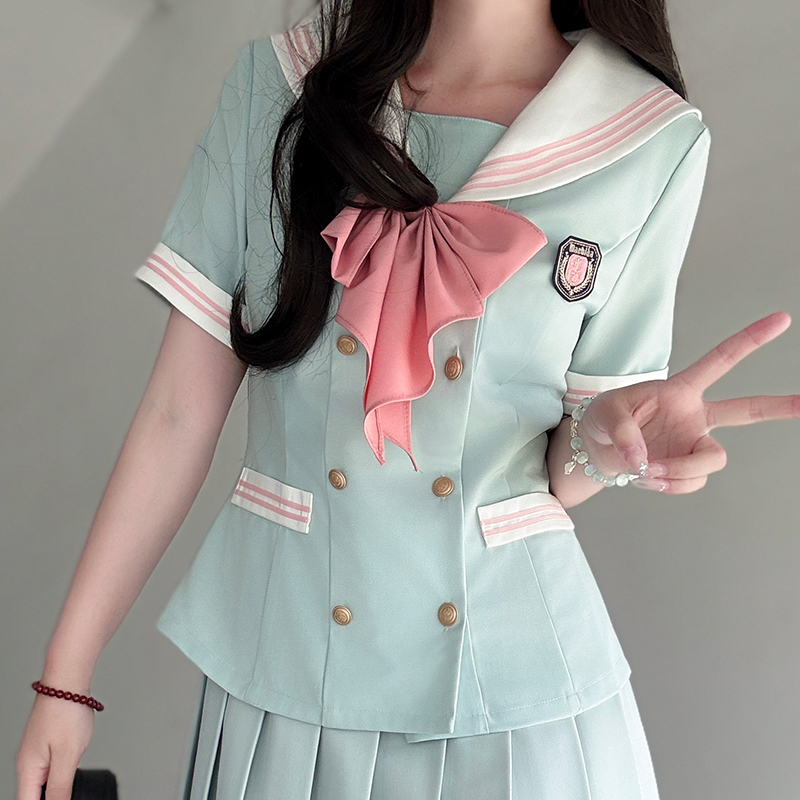 Navy Collar Waist-Defined Short Sleeve Sailor Suit Set - Sweet Style JK Uniform Top for Summer 2025 Navy Collar Waist-Defined Short Sleeve Sailor Suit Set - Sweet Style JK Uniform Top for Summer 2025