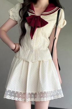 Navy Polka Dot Short Sleeve JK Uniform Set with Waist-Defining Design - Sweet Summer College Style