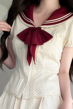 Navy Polka Dot Short Sleeve JK Uniform Set with Waist-Defining Design - Sweet Summer College Style