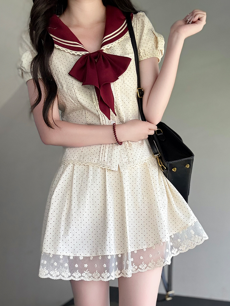 Navy Polka Dot Short Sleeve JK Uniform Set with Waist-Defining Design - Sweet Summer College Style Navy Polka Dot Short Sleeve JK Uniform Set with Waist-Defining Design - Sweet Summer College Style