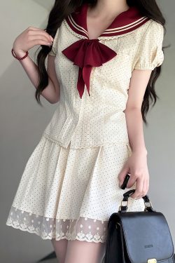 Navy Polka Dot Short Sleeve JK Uniform Set with Waist-Defining Design - Sweet Summer College Style