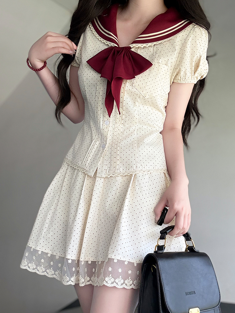 Navy Polka Dot Short Sleeve JK Uniform Set with Waist-Defining Design - Sweet Summer College Style Navy Polka Dot Short Sleeve JK Uniform Set with Waist-Defining Design - Sweet Summer College Style