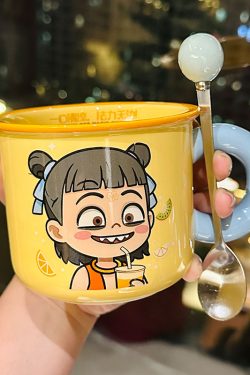 Nezha Magic Child Ceramic Mug with Lid - Cute Girls Coffee Cup for Birthdays, Perfect Gift for 2025