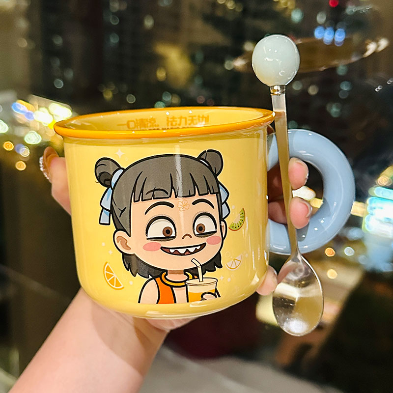 Nezha Magic Child Ceramic Mug with Lid - Cute Girls Coffee Cup for Birthdays, Perfect Gift for 2025 Nezha Magic Child Ceramic Mug with Lid - Cute Girls Coffee Cup for Birthdays, Perfect Gift for 2025