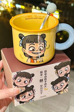 Nezha Magic Child Ceramic Mug with Lid - Cute Girls Coffee Cup for Birthdays, Perfect Gift for 2025