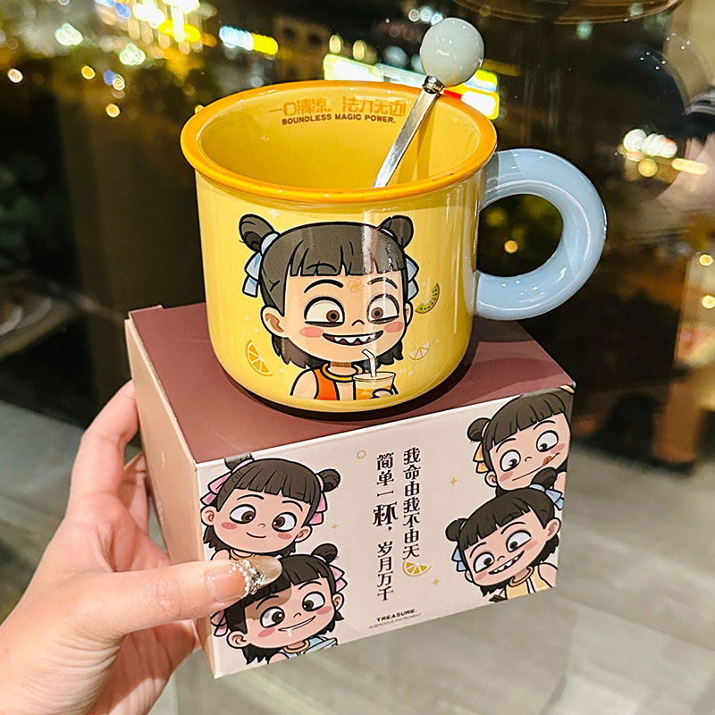 Nezha Magic Child Ceramic Mug with Lid - Cute Girls Coffee Cup for Birthdays, Perfect Gift for 2025 Nezha Magic Child Ceramic Mug with Lid - Cute Girls Coffee Cup for Birthdays, Perfect Gift for 2025