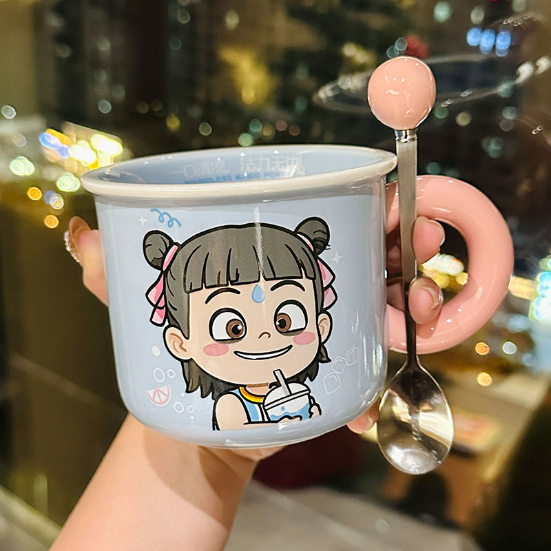 Nezha Magic Child Ceramic Mug with Lid - Cute Girls Coffee Cup for Birthdays, Perfect Gift for 2025 Nezha Magic Child Ceramic Mug with Lid - Cute Girls Coffee Cup for Birthdays, Perfect Gift for 2025