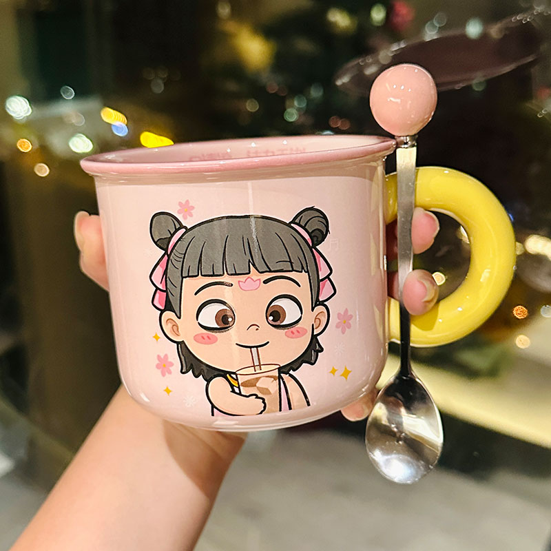 Nezha Magic Child Ceramic Mug with Lid - Cute Girls Coffee Cup for Birthdays, Perfect Gift for 2025 Nezha Magic Child Ceramic Mug with Lid - Cute Girls Coffee Cup for Birthdays, Perfect Gift for 2025